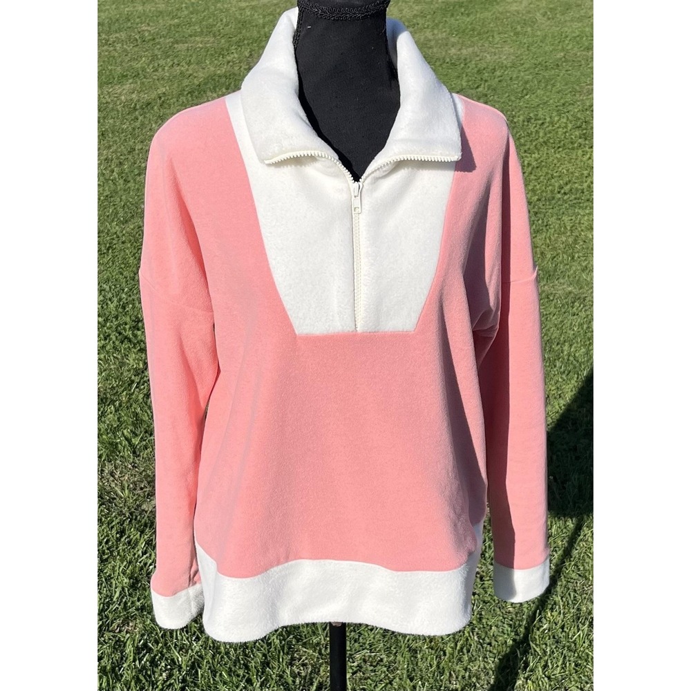 Dudley Stephens Pullover Womens Medium Pink‎ White Fleece Quarter Zip Made USA